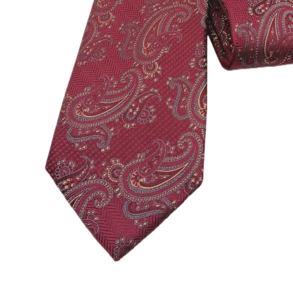 Joseph Abboud Silk Tie Mens XL 65” Dark Fuchsia Gray Paisley Herringbone Classic